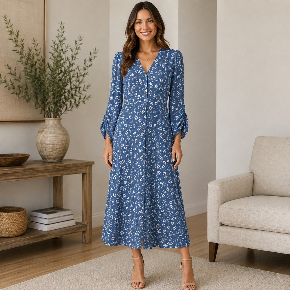 Promesa Floral Midi Dress Womens Small Blue  Button Front Long Sleeve